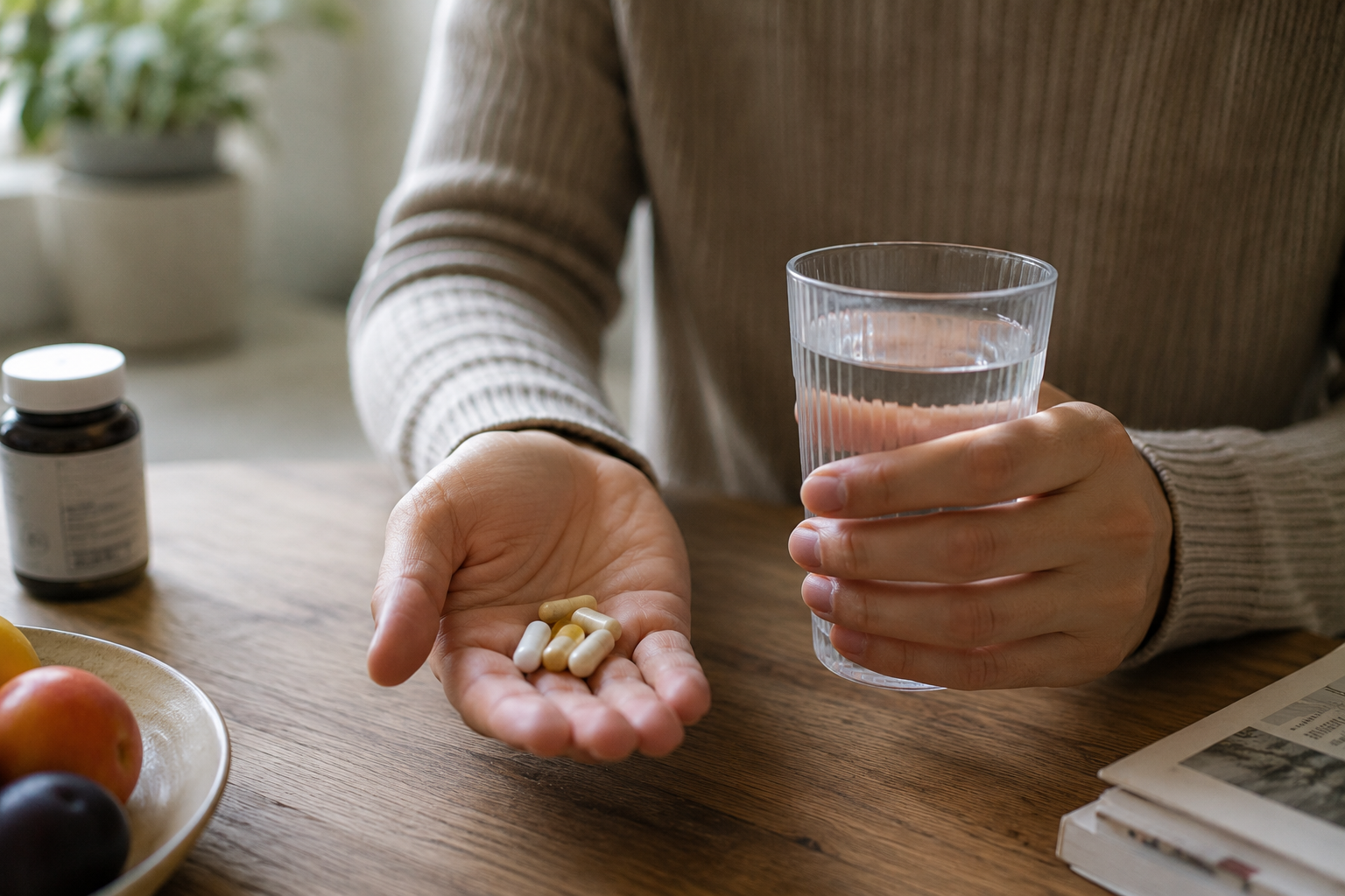Person am Frühstückstisch mit großen Vitamin-Kapseln und einem Glas Wasser