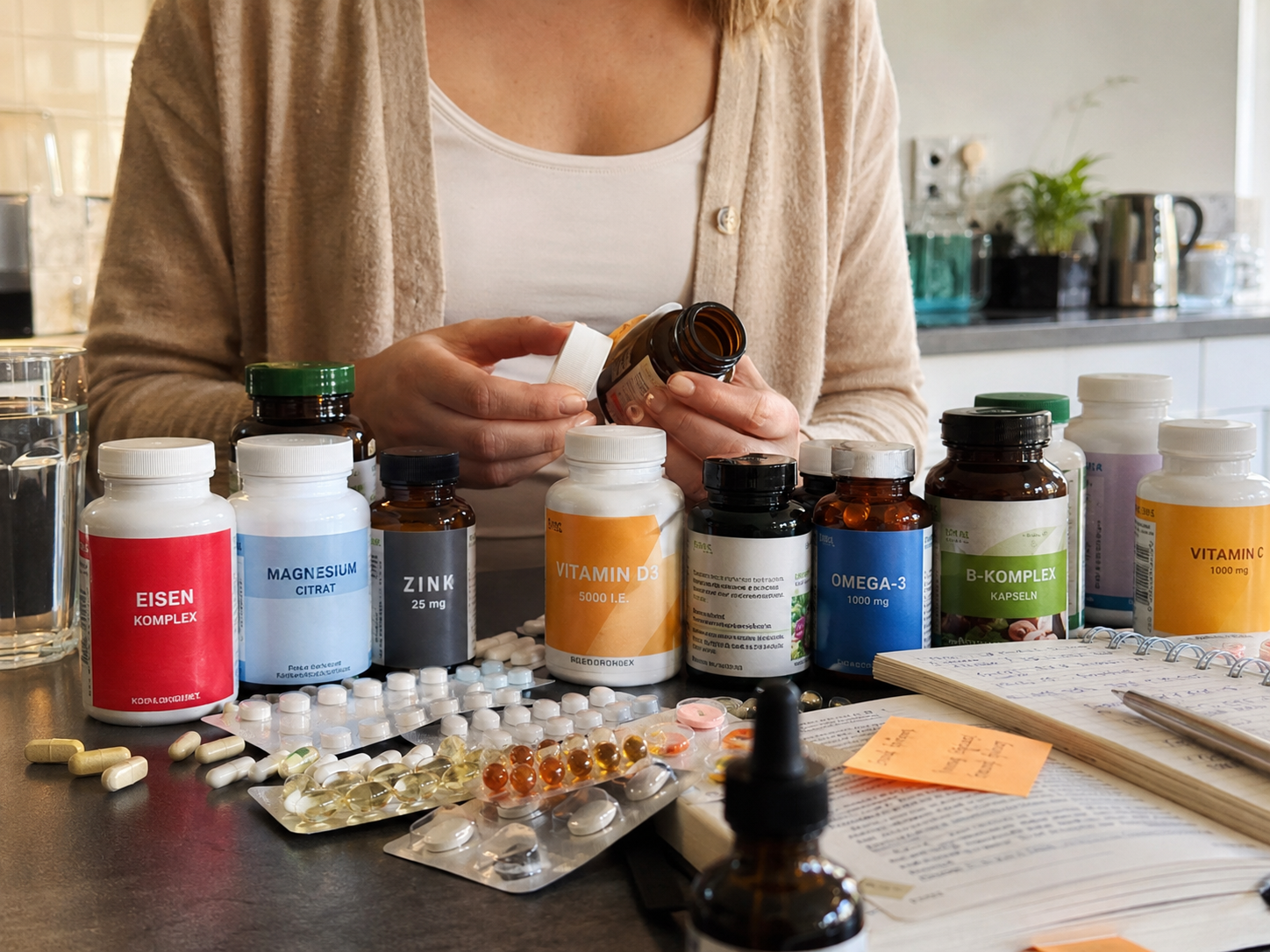 Eine Person steht vor einem Regal mit zahlreichen Vitaminprodukten und wirkt unsicher, welches Produkt die richtige Wahl ist.