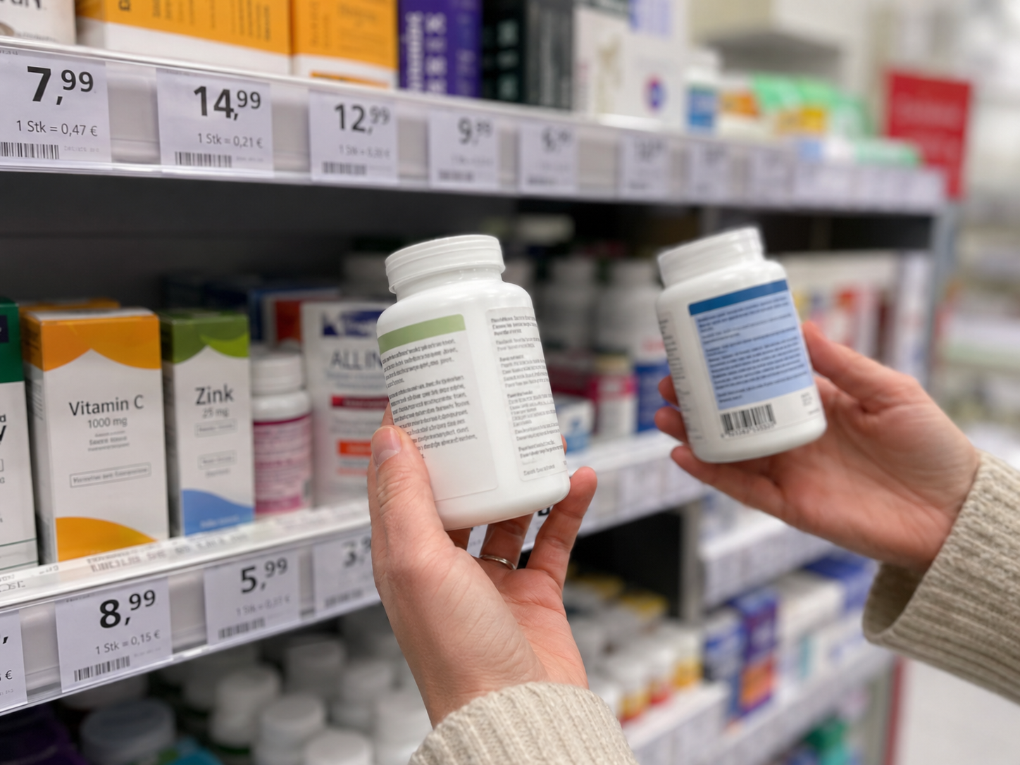 Person vergleicht verschiedene Vitaminprodukte im Regal.