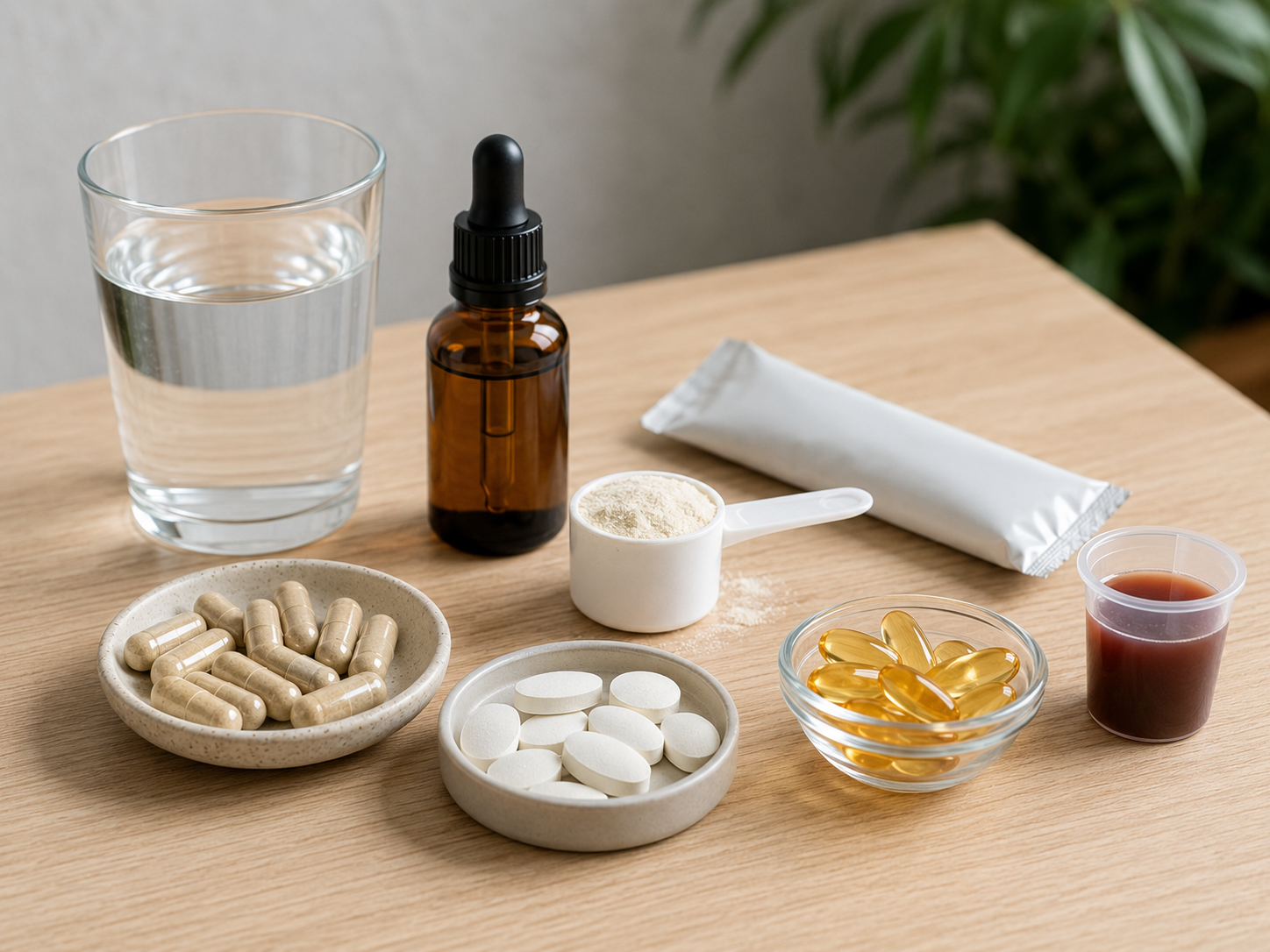 Verschiedene Darreichungsformen von Nahrungsergänzungsmitteln: Kapseln, Tabletten, Tropfen und flüssige Präparate.