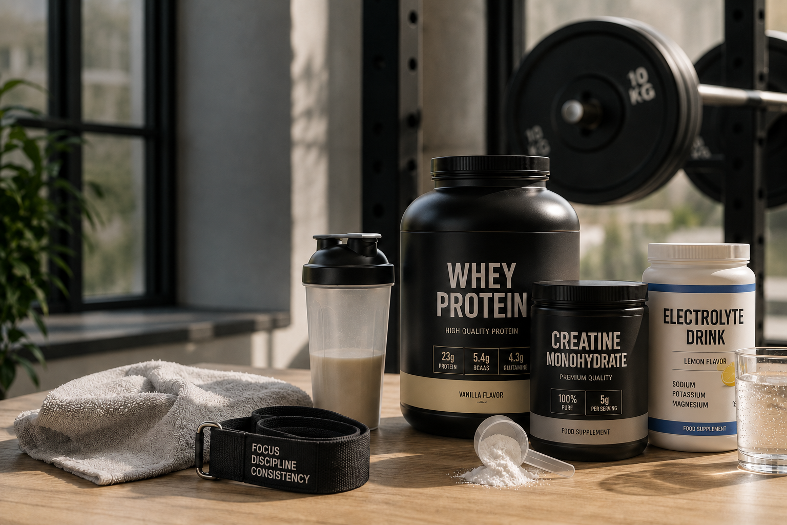 Whey Protein, Kreatin Monohydrat und Elektrolyte als grundlegende Supplements für Einsteiger